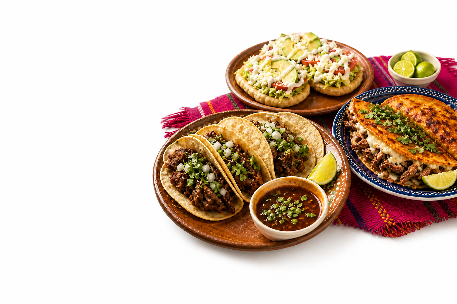 Tacos, sopes y quesabirria preparados al estilo mexicano