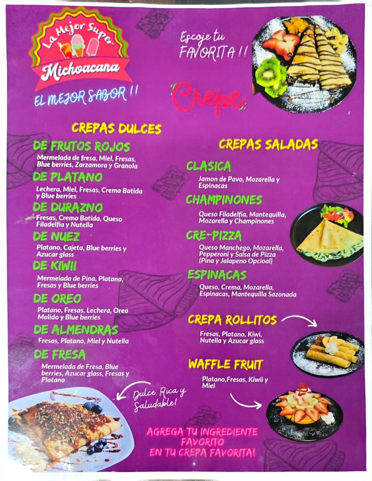 La Mejor Super Michoacana sweet and savory crepes menu